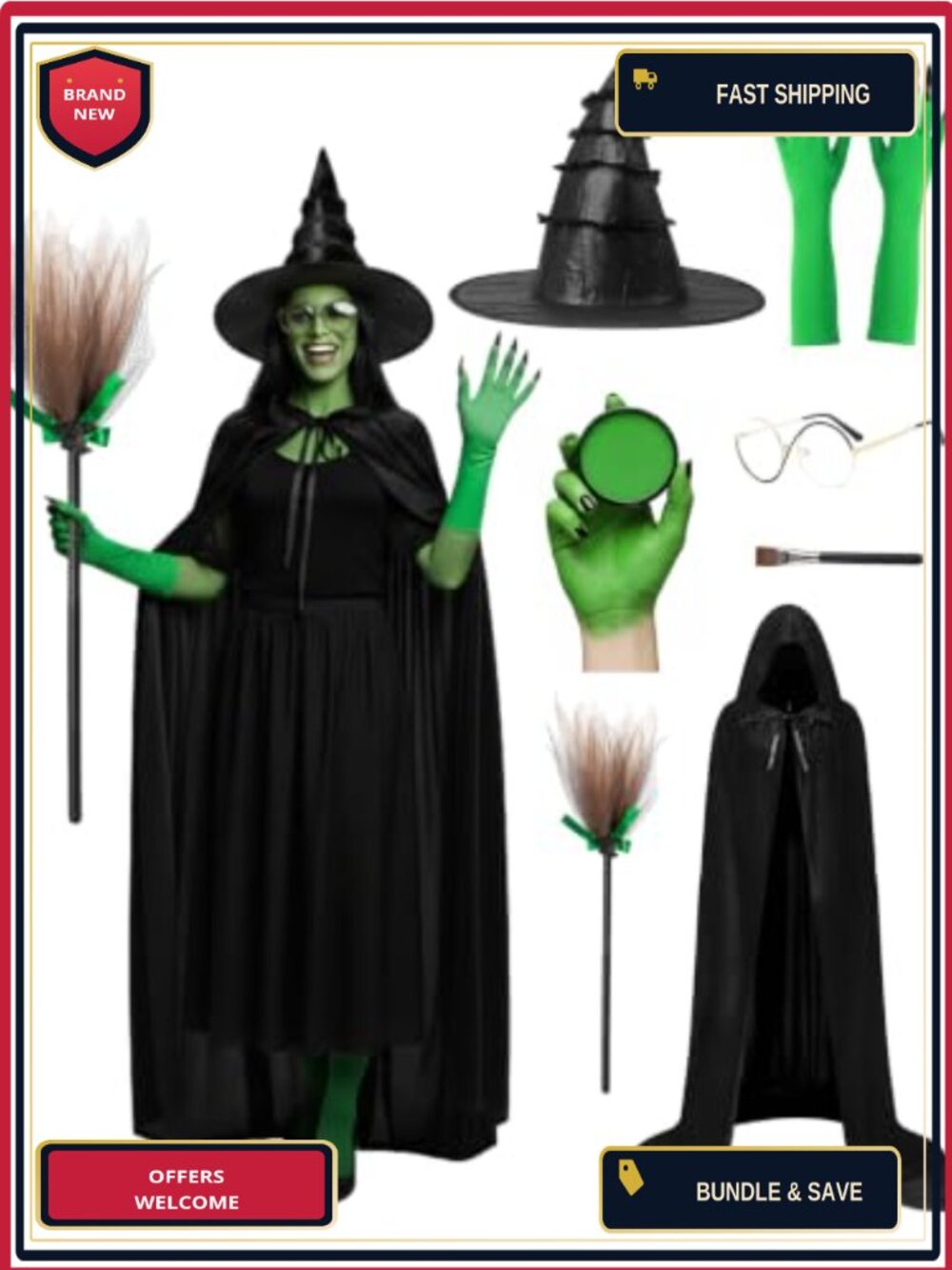 Witch Costume Set 7PCS Hooded Cape Pointed Hat Gloves Broom Halloween Cosplay